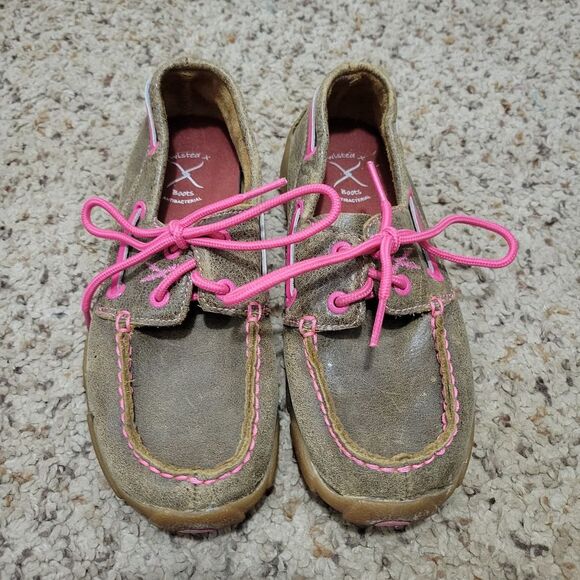 Twisted X Kid's Brown and Pink Breast Cancer Awareness Leather Moccasins Size 2 - Picture 4 of 6